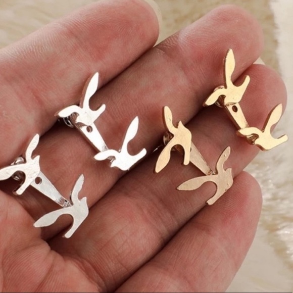 GOLD DOUBLE SPARROW BIRD JACKET STUD EARRINGS - Picture 5 of 6